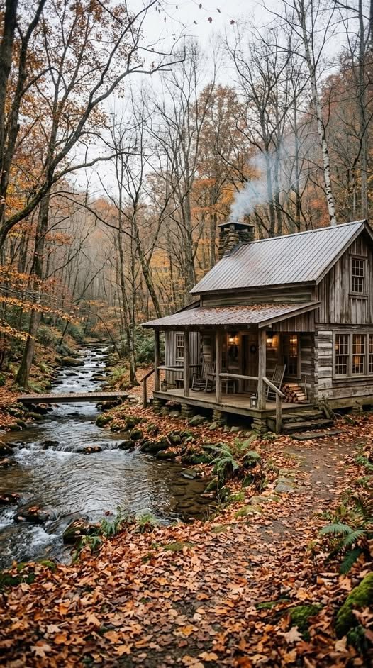 This may contain: a small cabin in the woods next to a river