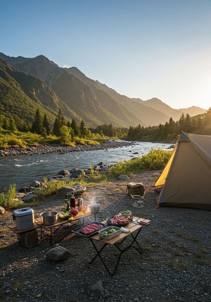 This may contain: a tent set up on the side of a river next to a picnic table with food