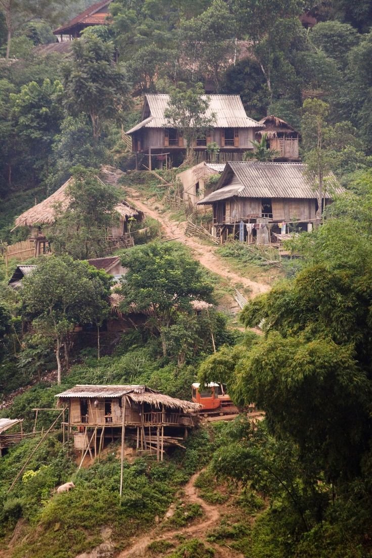 This may contain: an image of a village on the side of a hill with trees and houses in the background