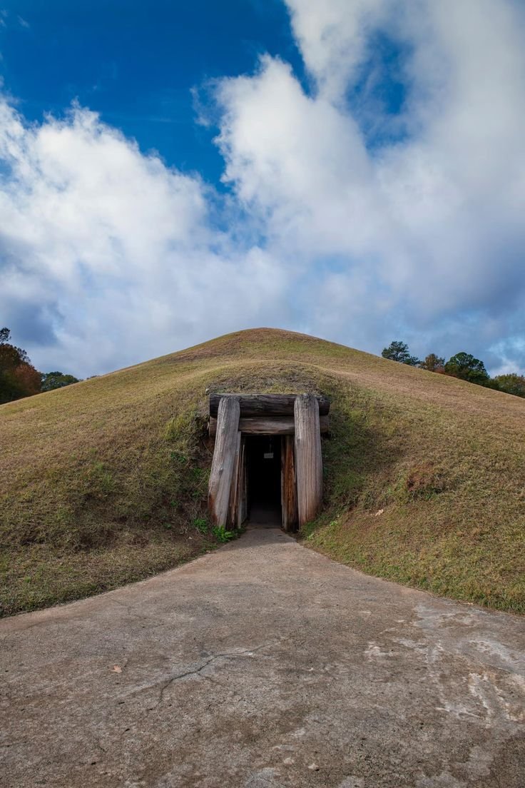 This may contain: the entrance to an old wooden structure on top of a hill with grass growing out of it