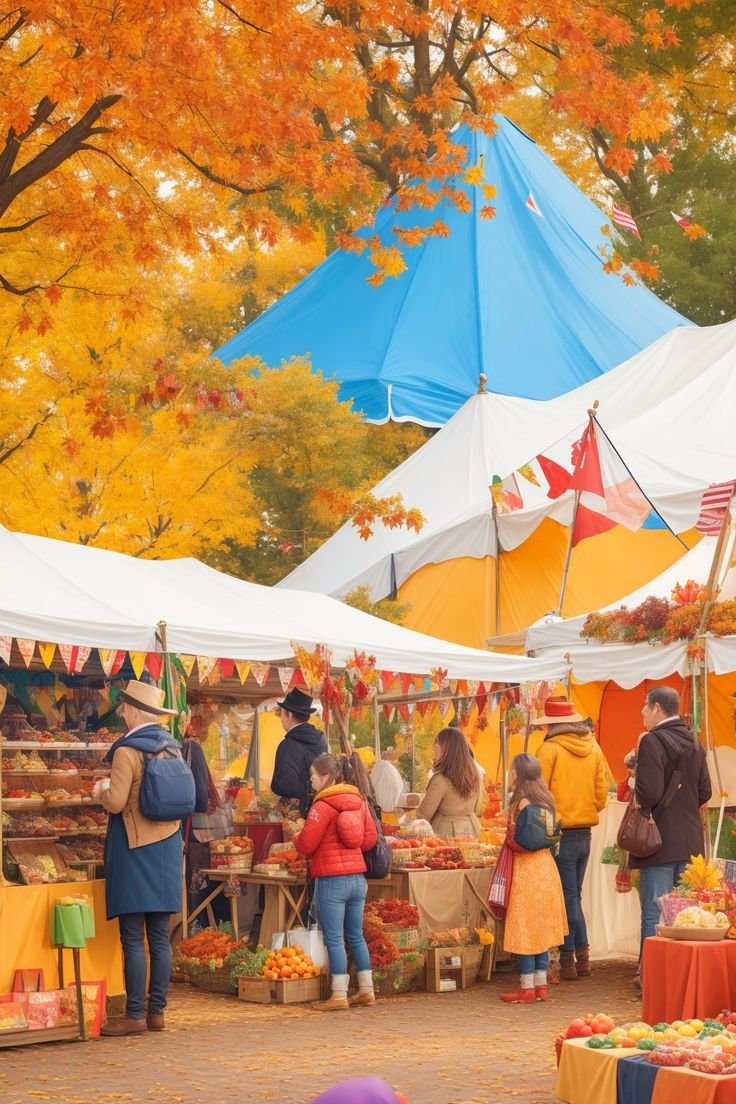 This may contain: people are shopping at an outdoor market under umbrellas and trees with fall foliage in the background