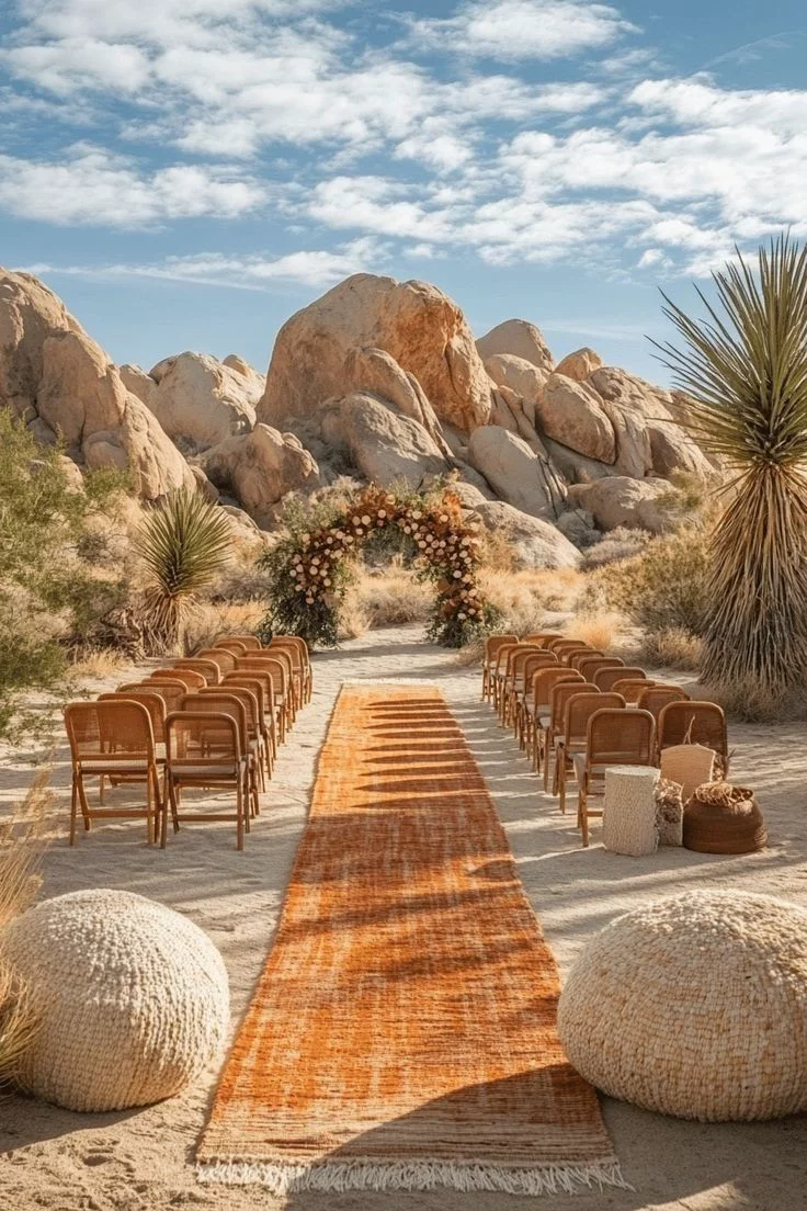 This may contain: an outdoor ceremony setup in the desert with chairs and rugs laid out on the ground