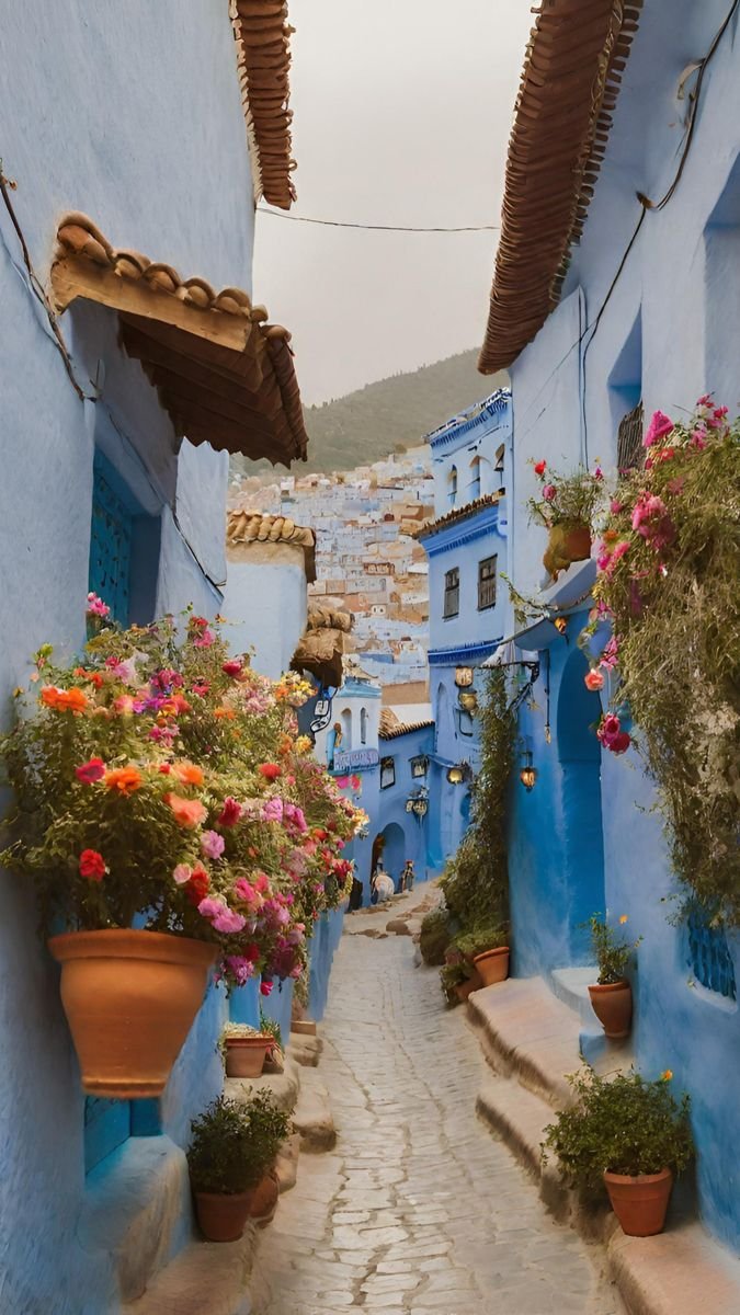 This may contain: a narrow street with blue buildings and flower pots