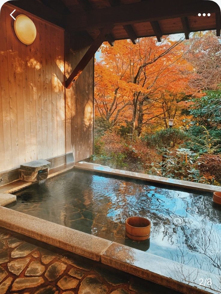 This may contain: an outdoor jacuzzi is shown in front of a wooden wall and trees with orange leaves