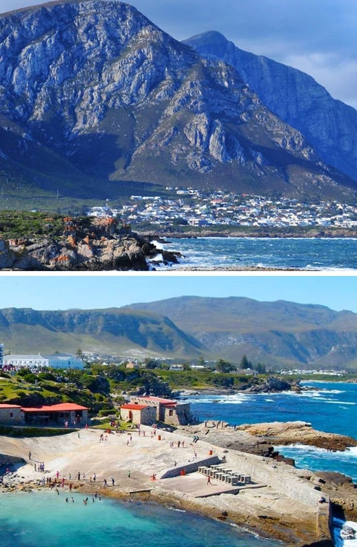 This may contain: there are two pictures with mountains in the background and people on the beach at the water's edge