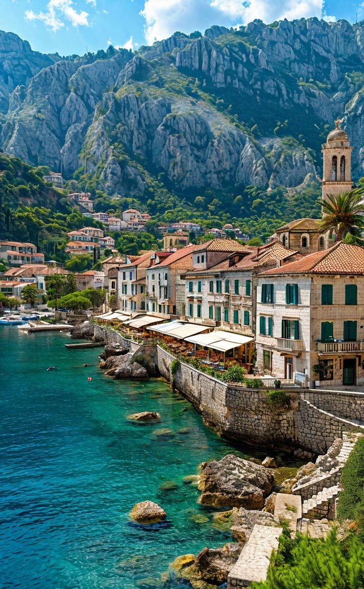 This may contain: an old town on the coast with mountains in the background and blue water below it