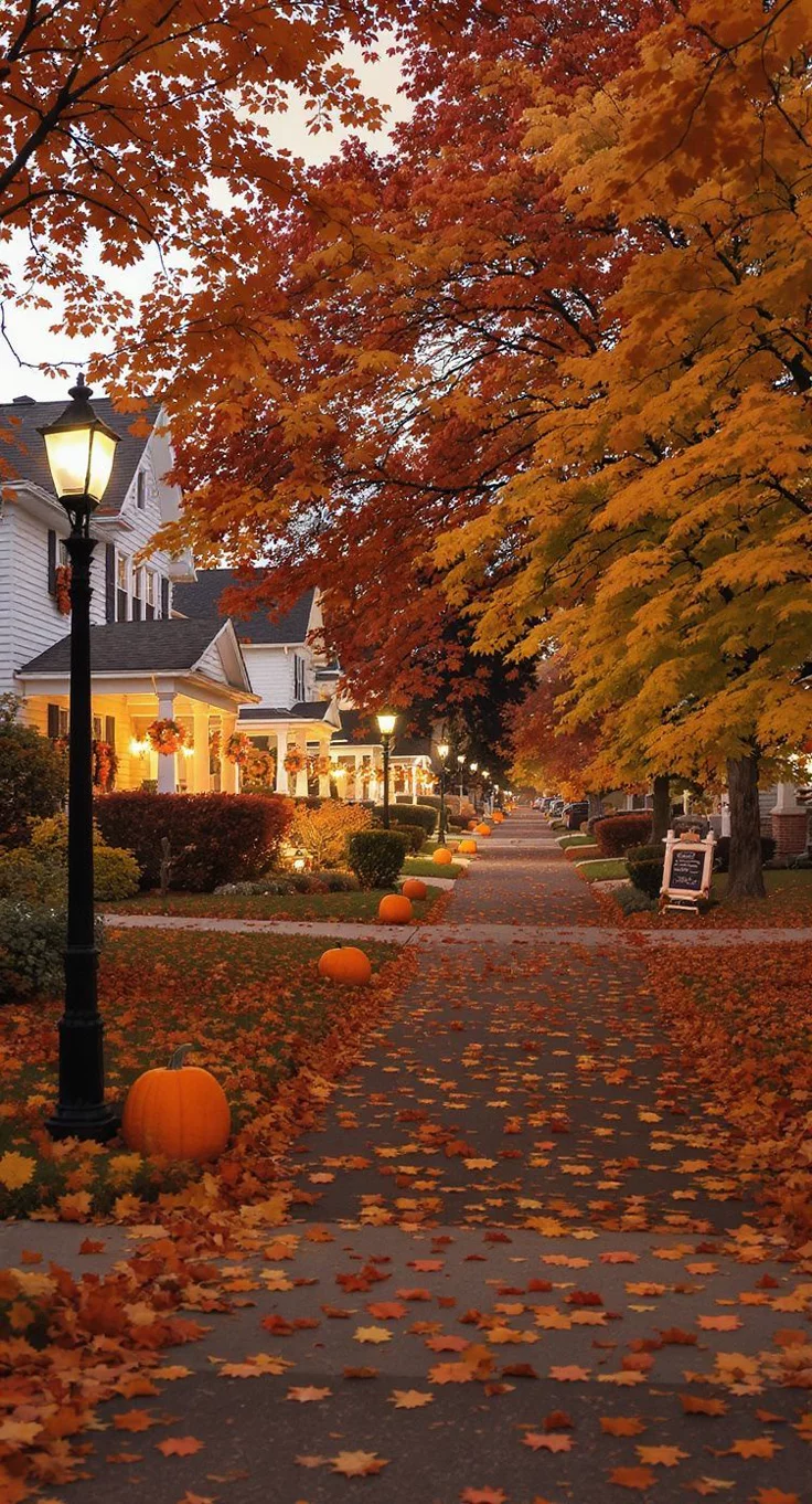 This may contain: a street lined with lots of trees covered in fall leaves and lit up by lights