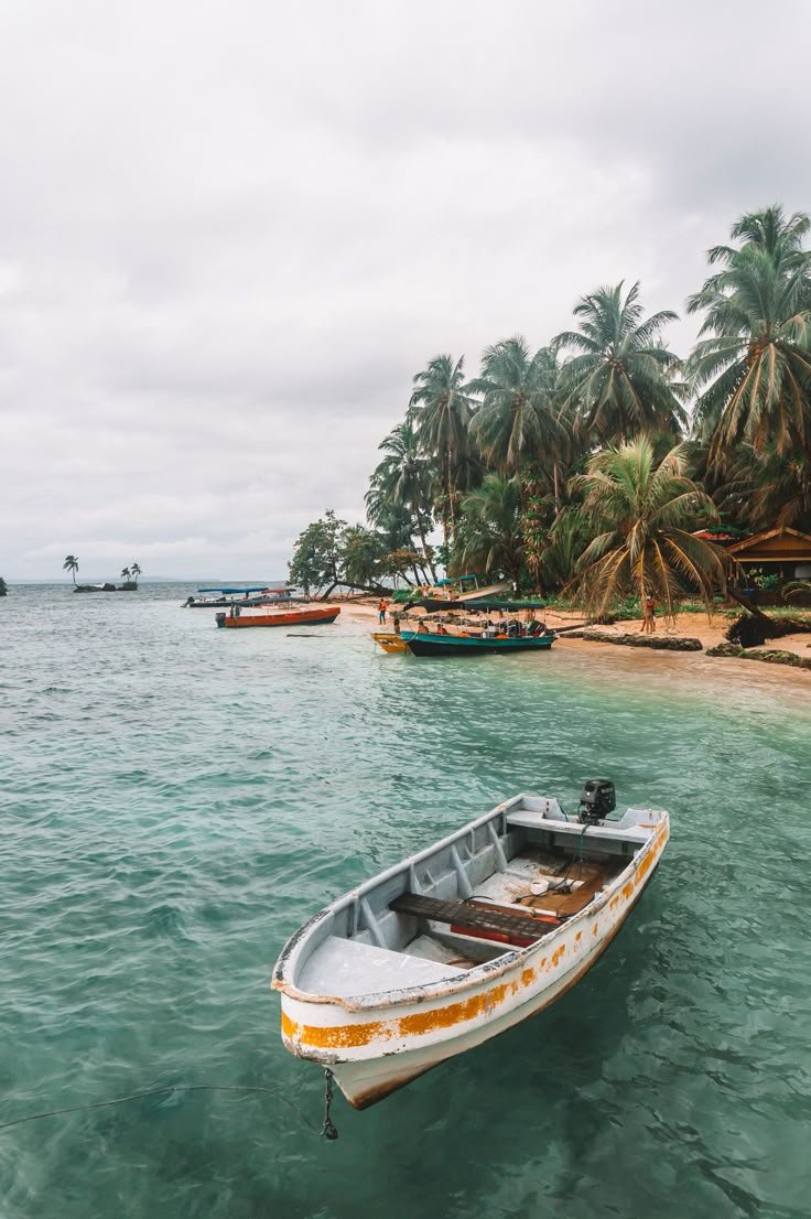 This may contain: there is a small boat in the water near some palm trees and boats on the shore