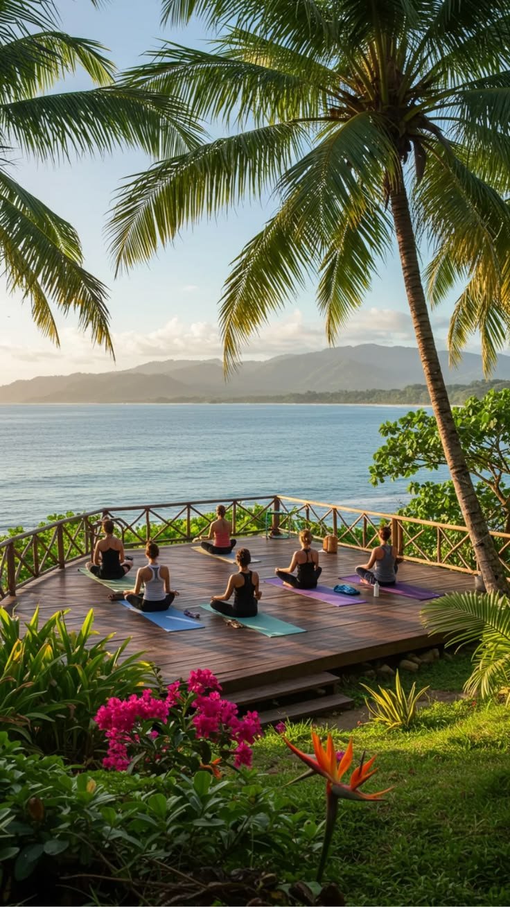 This may contain: a group of people doing yoga on a wooden platform near the ocean with palm trees