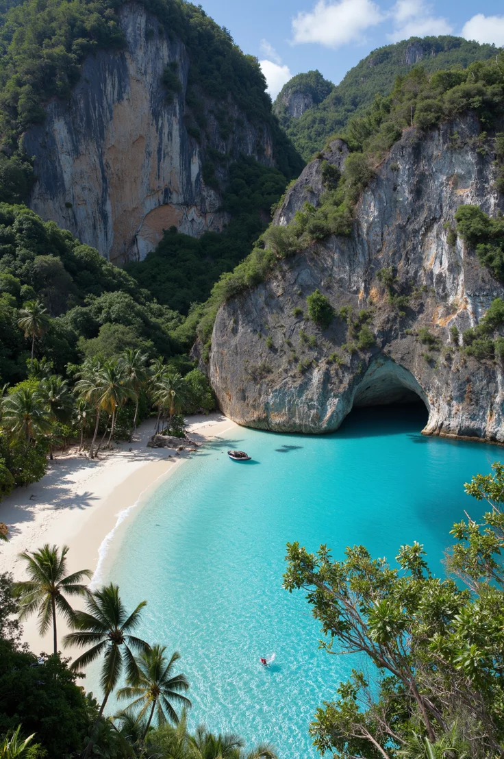 This contains: Escape to El Nido's Hidden Beach, a secluded tropical paradise with towering limestone cliffs, emerald waters, and a natural rock arch entrance. #Philippines #Travel