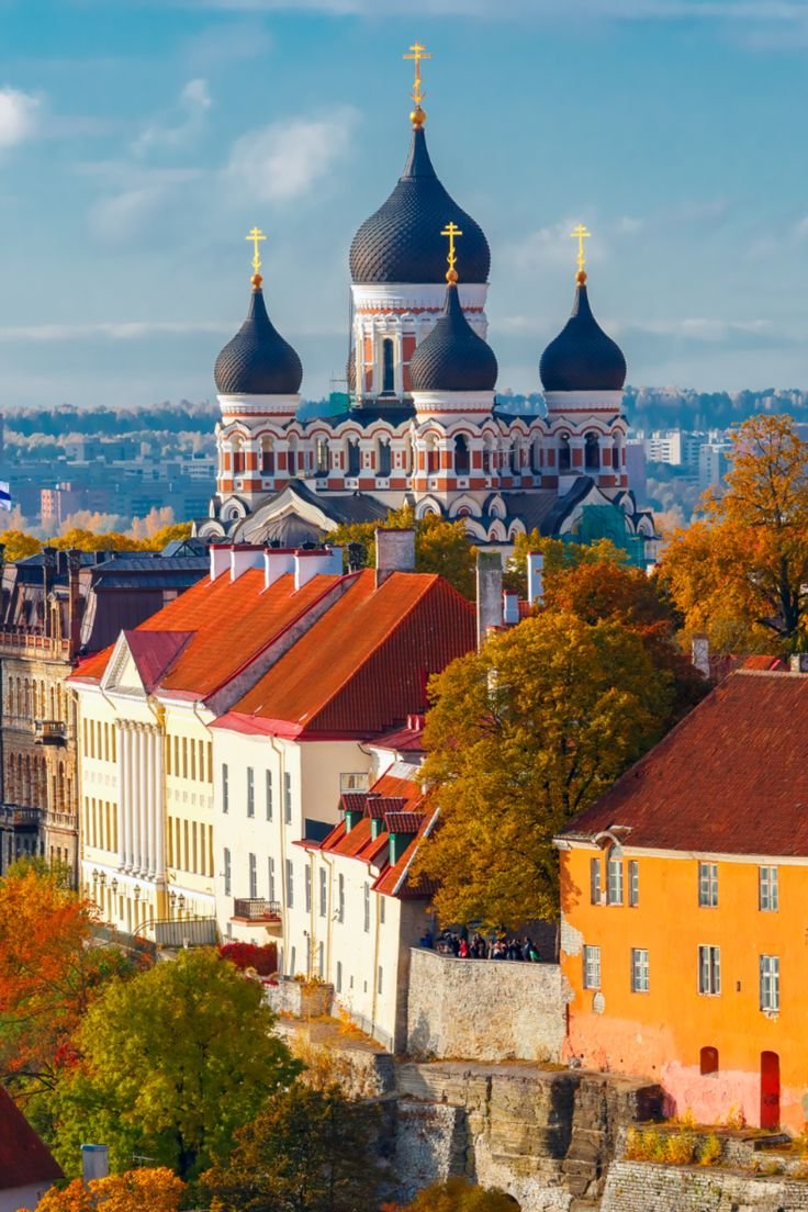 This may contain: an aerial view of the city with many buildings and spires in fall colors,
