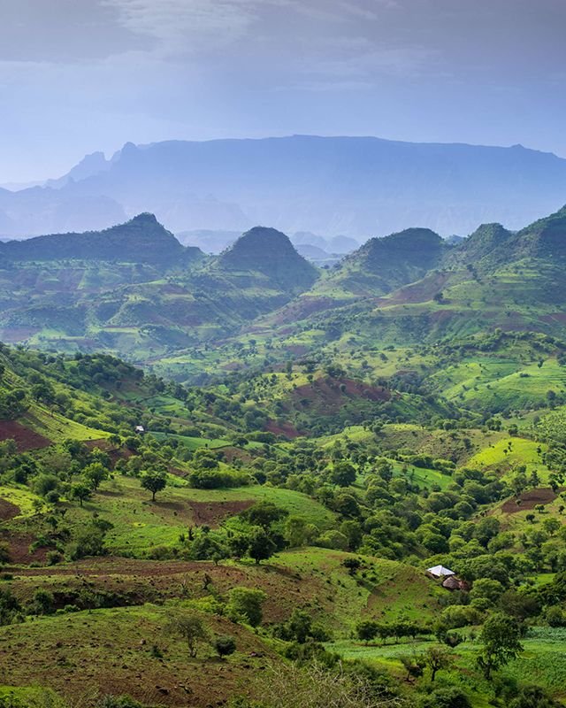 This may contain: the mountains are covered in lush green grass