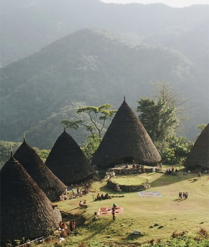 This may contain: people are standing in the grass near some huts