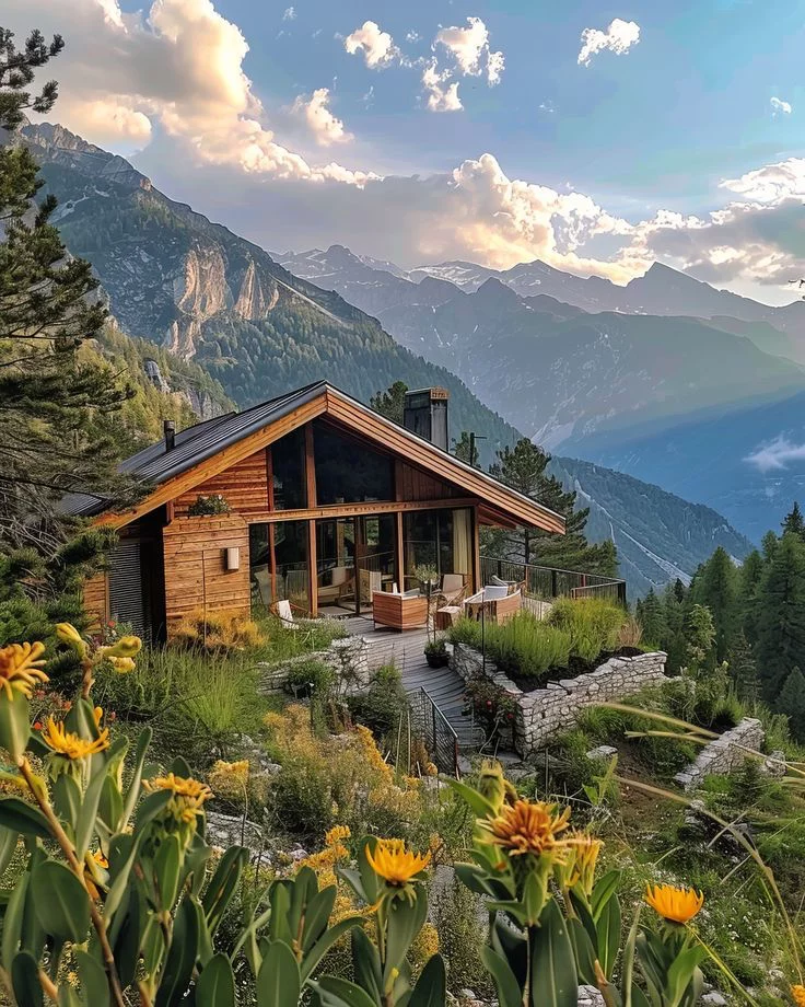 This may contain: a wooden cabin sitting on top of a lush green hillside covered in flowers and trees