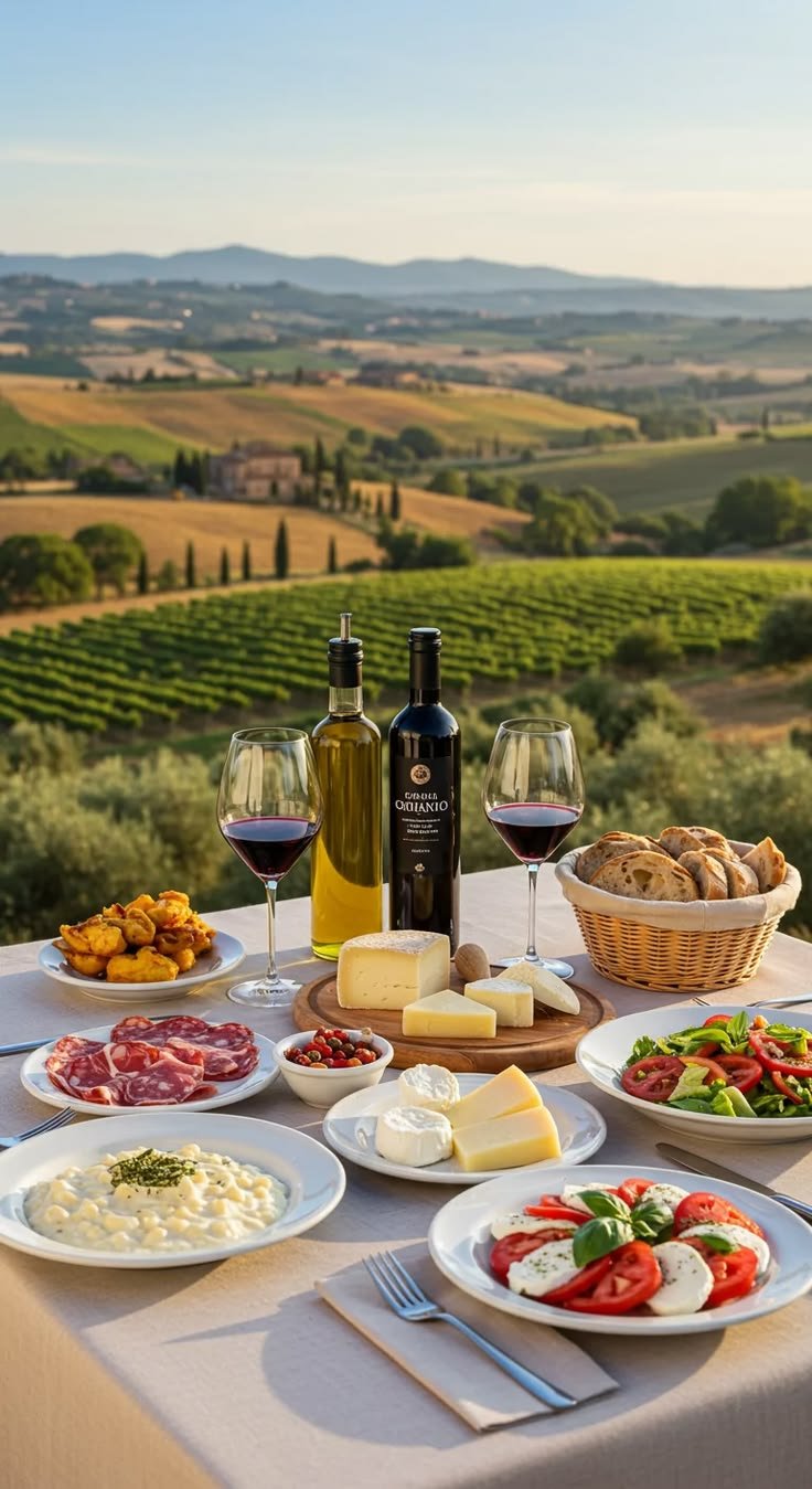This may contain: a table topped with plates of food next to bottles of wine and glasses of wine