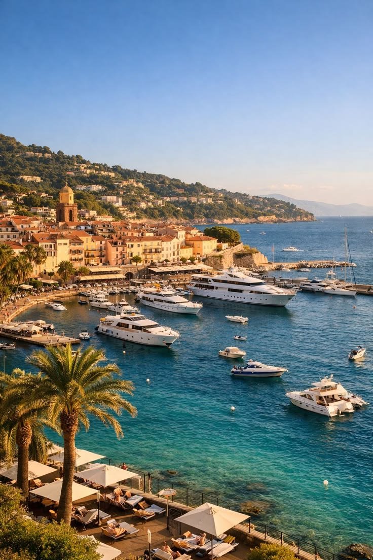 This may contain: boats are docked in the water next to some buildings and palm trees on the shore