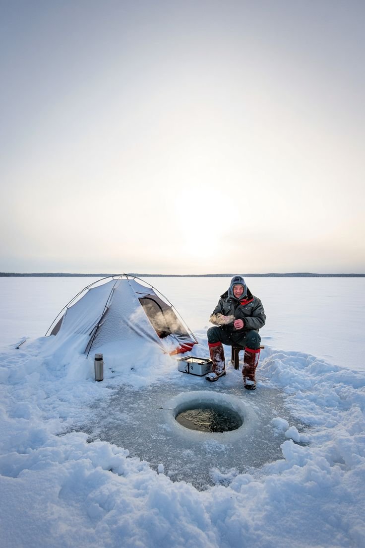 This may contain: a man sitting in front of a tent on top of snow covered ground