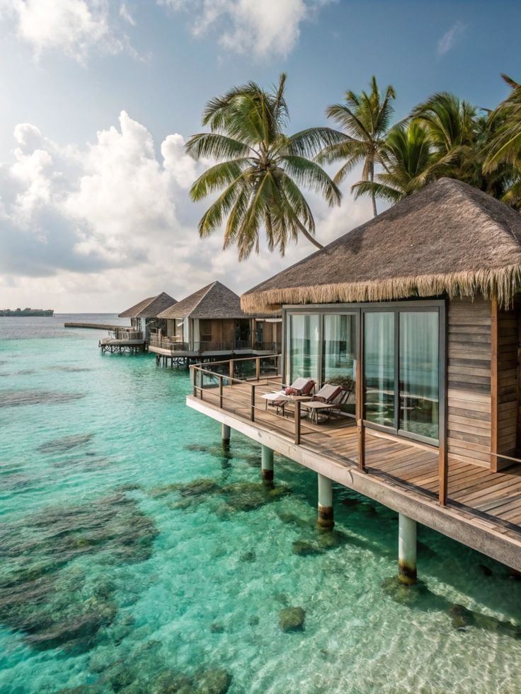 This may contain: an over water resort with thatched huts and lounge chairs on the dock, surrounded by palm trees