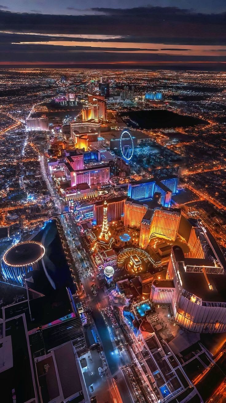 This may contain: an aerial view of the las vegas strip at night