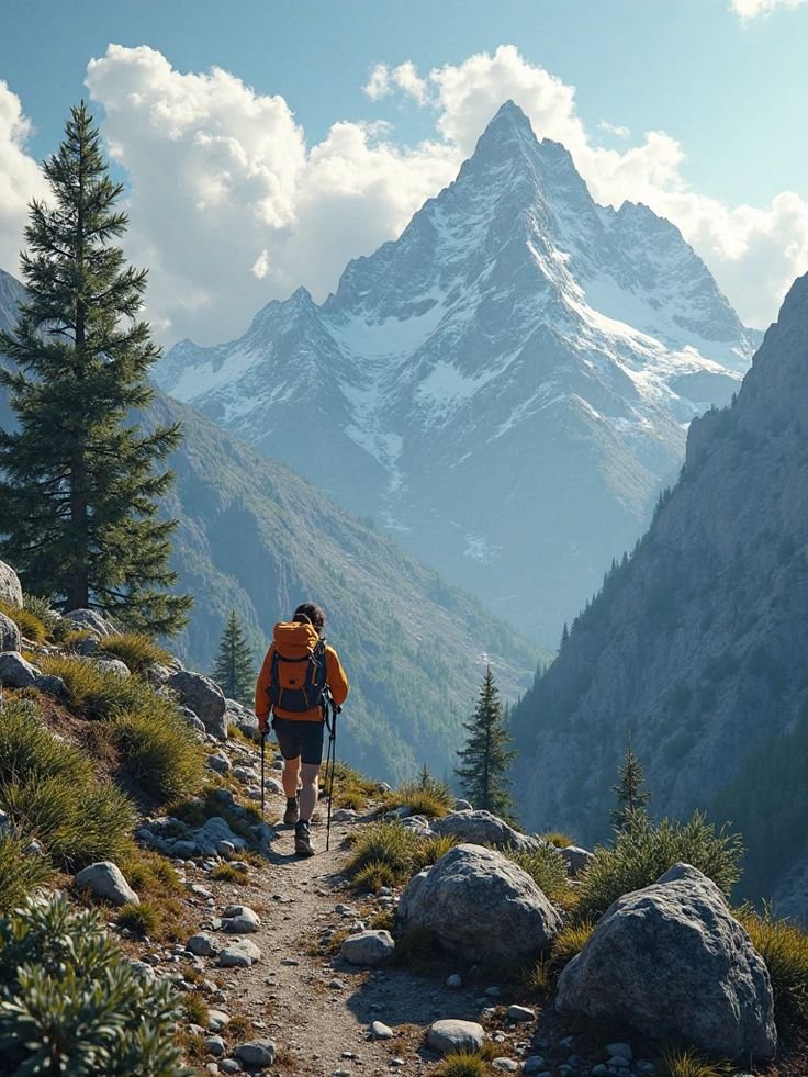 This may contain: a man hiking up the side of a mountain with trees on both sides and snow capped mountains in the background