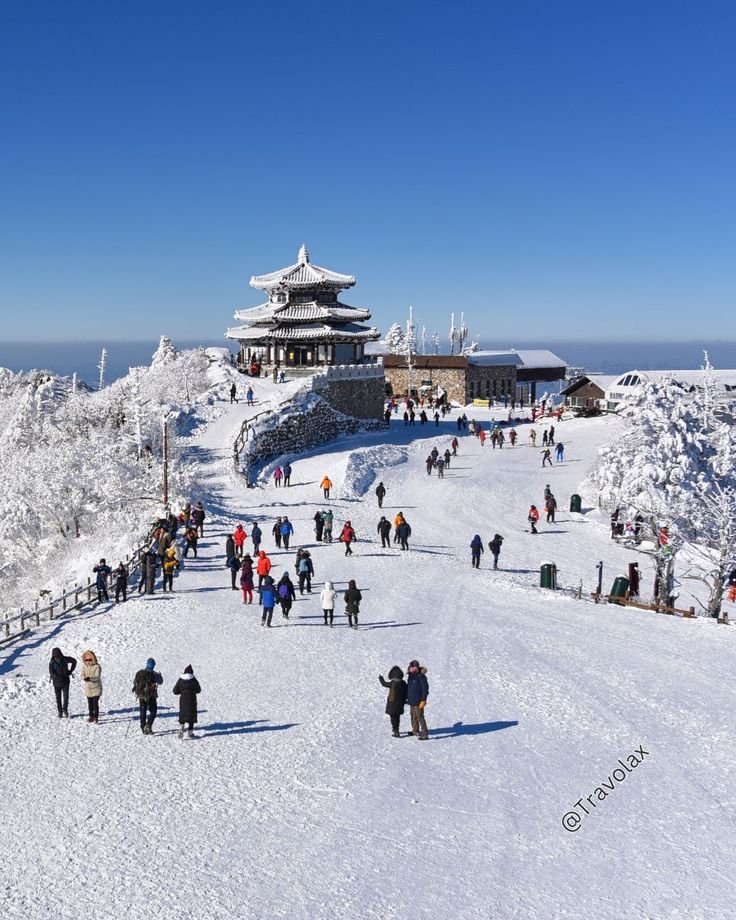 This may contain: many people are walking in the snow near a building on top of a hill with trees