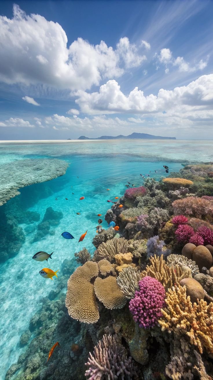 This may contain: an underwater view of corals and fish in the ocean with blue sky above it