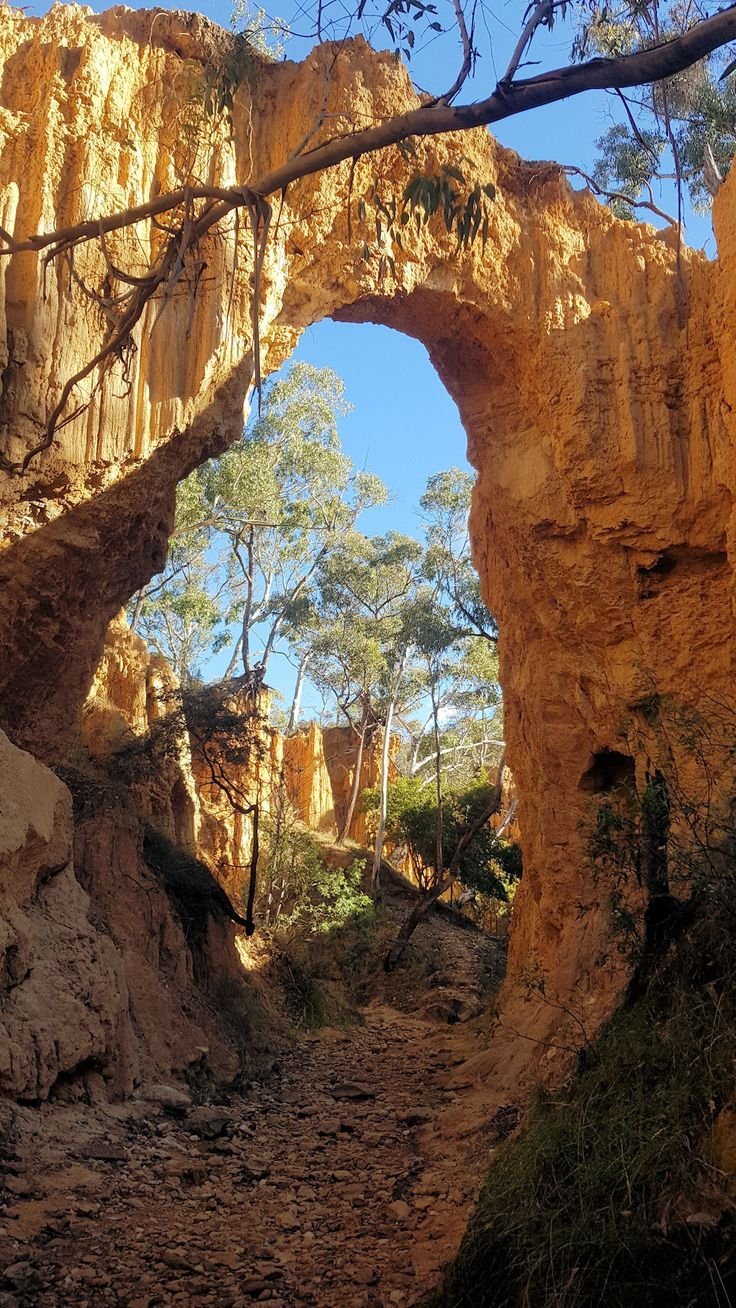 This may contain: an arch in the side of a rocky cliff