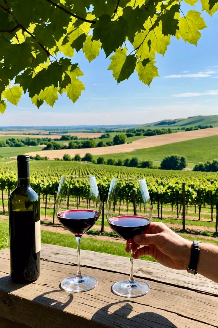 This may contain: two glasses of red wine are being held by someone's hand in front of a vineyard