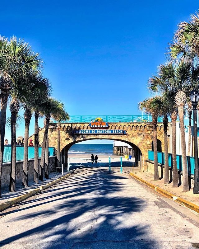 This may contain: palm trees line the street in front of an arched bridge