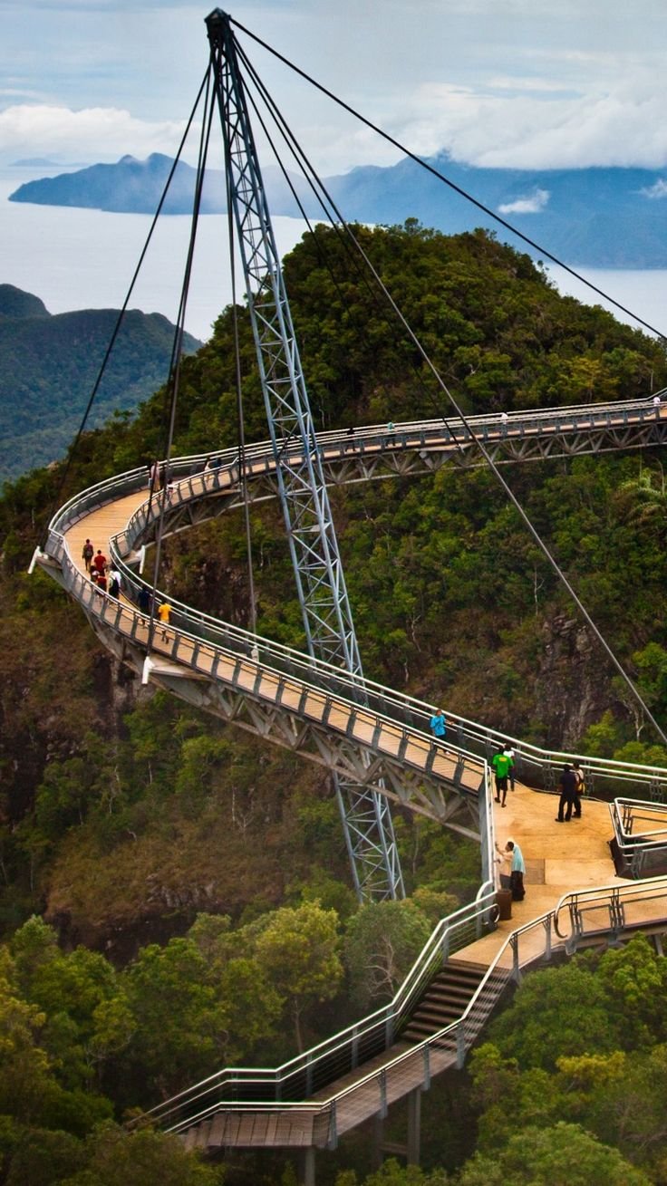 This may contain: people walking across a bridge over a lush green forest