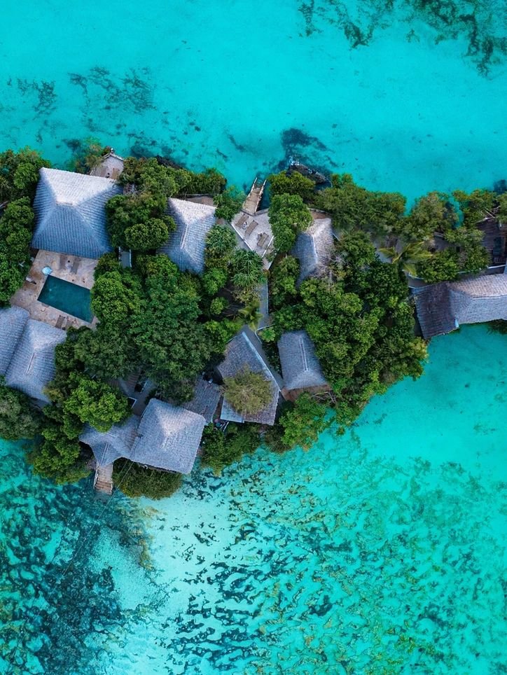 This may contain: an aerial view of some houses in the middle of blue water with trees growing out of them