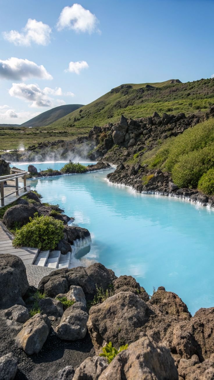 This may contain: the blue lagoon in iceland is one of the most beautiful places to visit on earth