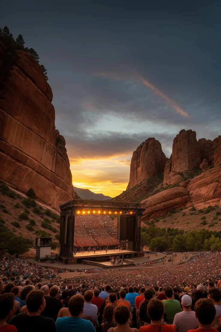This contains: Witness the electric energy of a sold-out concert at Red Rocks! Vibrant sunset hues and geometric stage lights create a mesmerizing contrast with the natural sandstone. A scene reminiscent of Bierstadt's masterful landscapes.