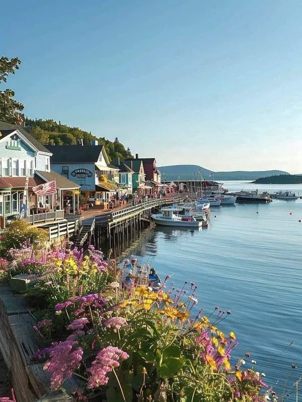 This may contain: boats are docked in the water next to some buildings and flowers on the side of the road