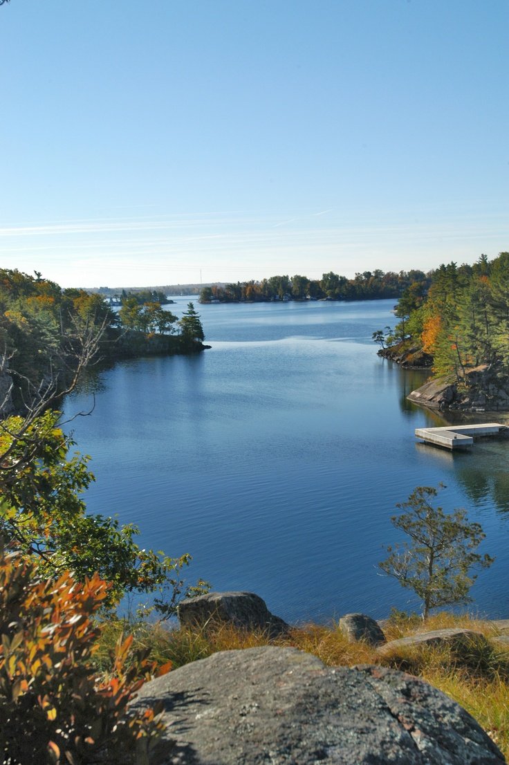 This may contain: a large body of water surrounded by trees and rocks in the middle of a forest