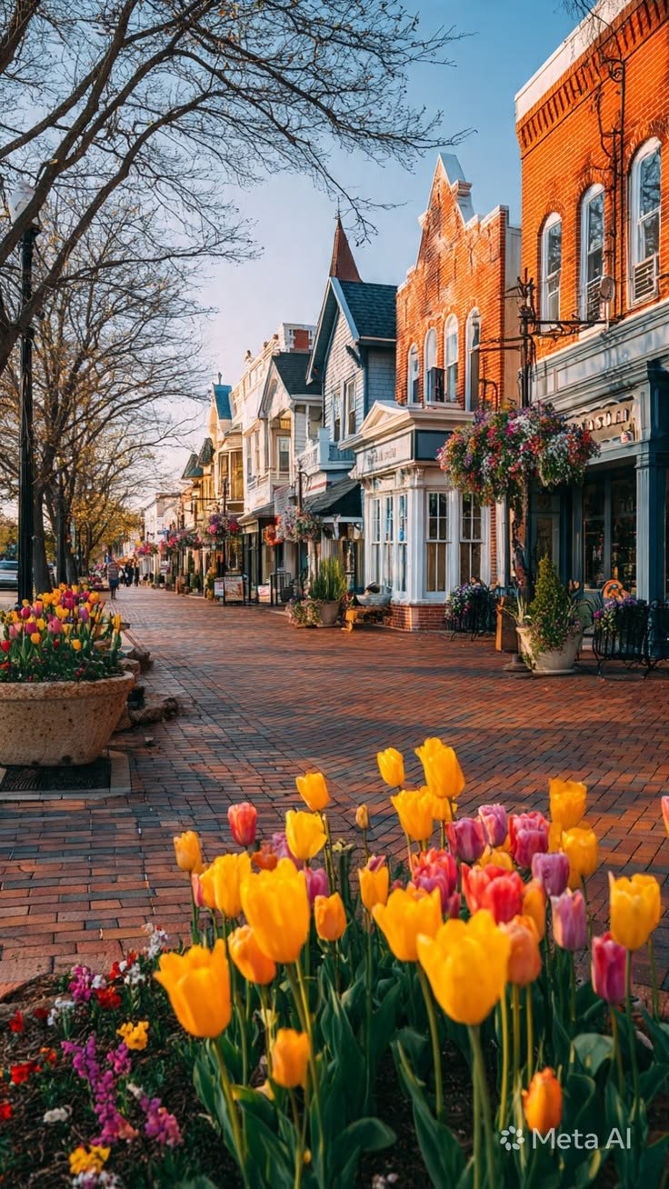 This may contain: the flowers are blooming on the brick sidewalk in front of buildings and trees, along with potted tulips