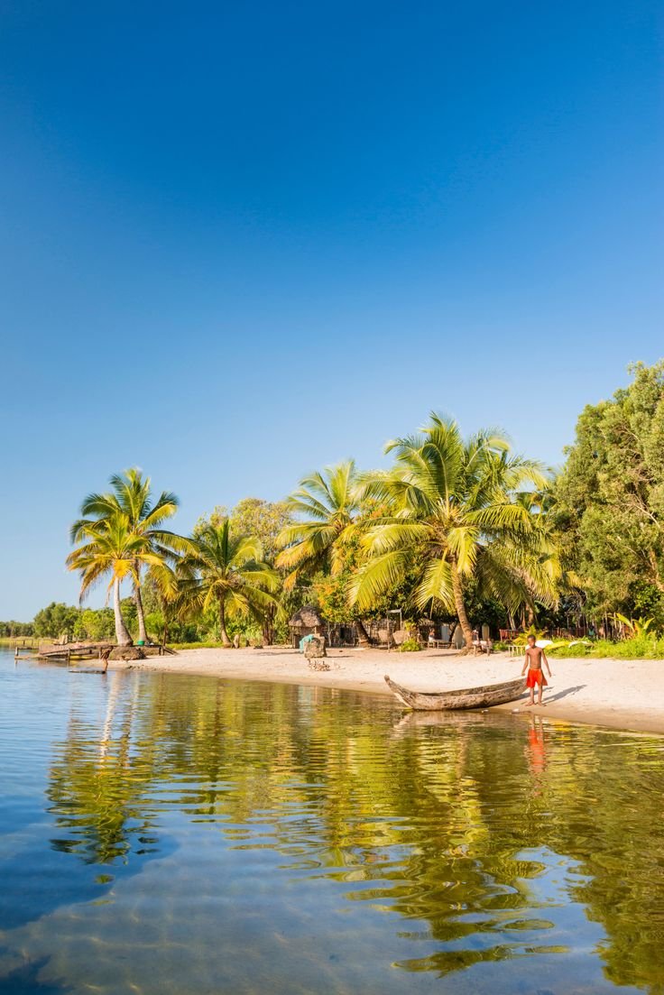 This may contain: a boat sitting on top of a body of water near palm tree covered shore line