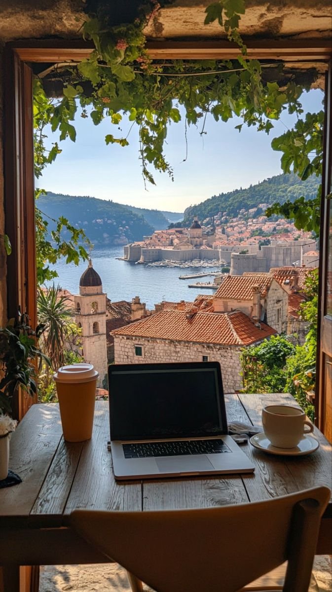 This may contain: an open laptop computer sitting on top of a wooden table next to a cup of coffee