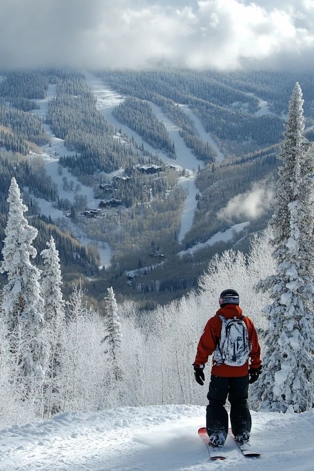 This may contain: a man standing on top of a snow covered slope
