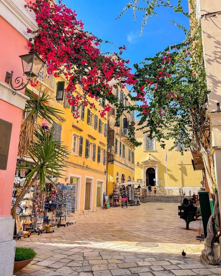 This may contain: an alley way with many colorful buildings and flowers on the trees in front of it