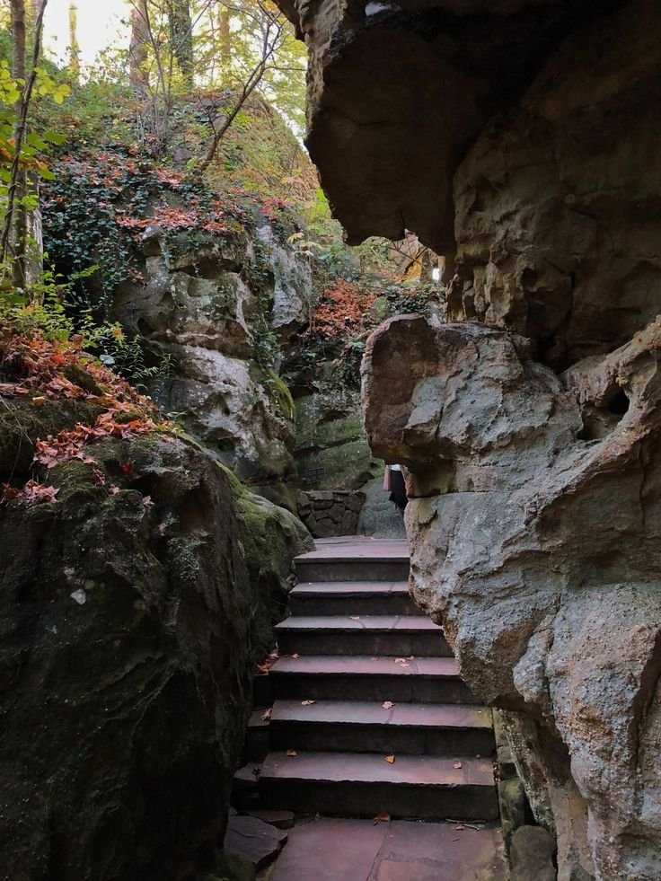 This may contain: steps lead up to the top of a cliff in an area with large rocks and trees