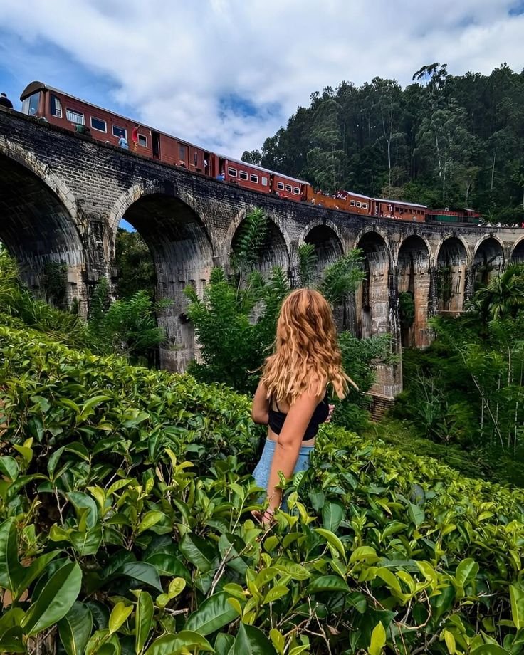 This may contain: a woman standing in the middle of a lush green field next to a train on a bridge
