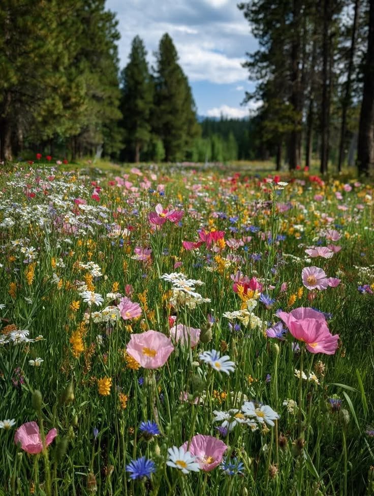 This may contain: a field full of wildflowers and pine trees