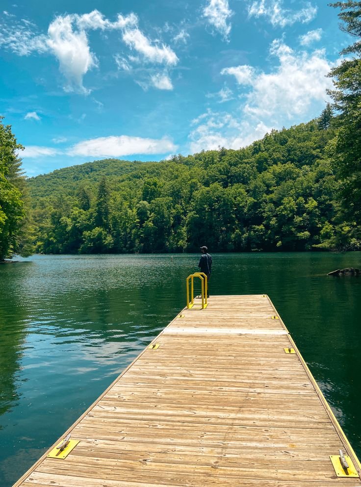 This may contain: a person standing on a dock in the middle of a body of water surrounded by trees