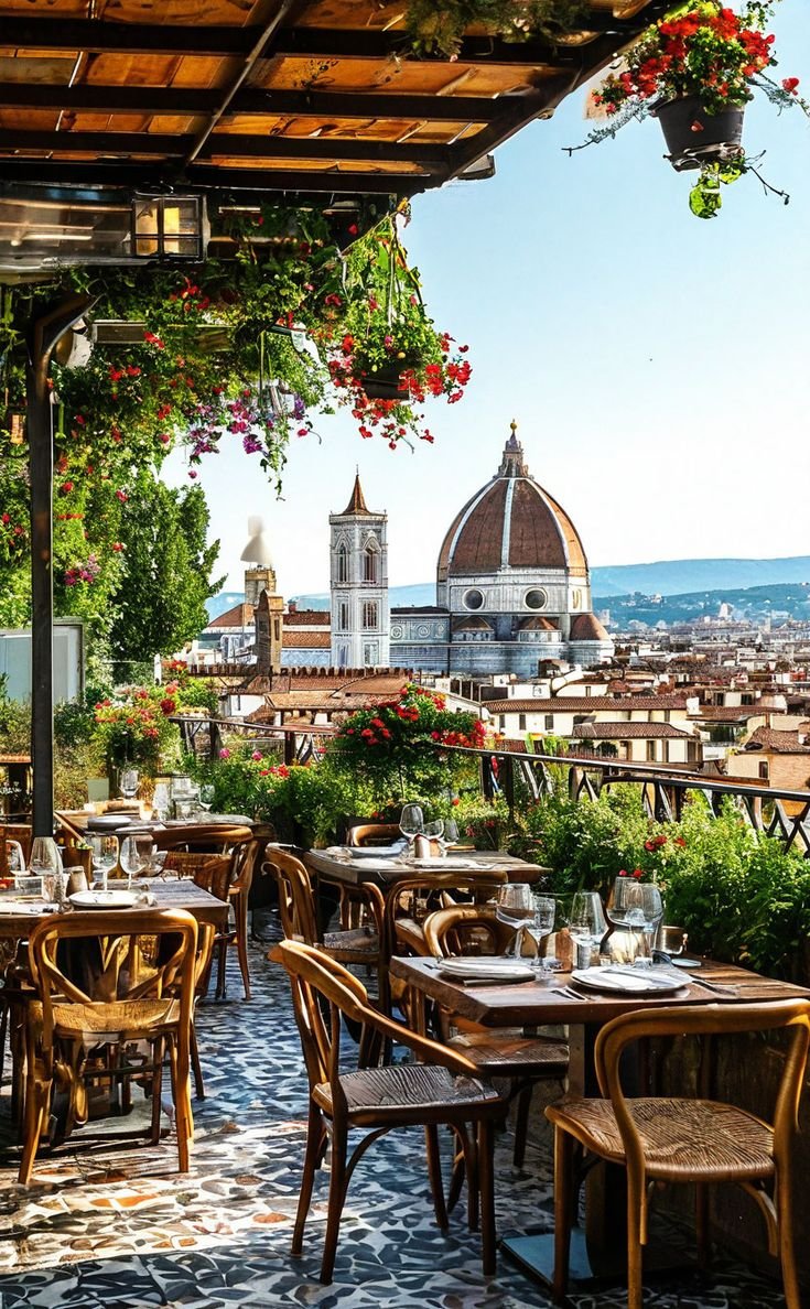 This may contain: an outdoor dining area with tables and chairs overlooking the cityscape in rome, italy