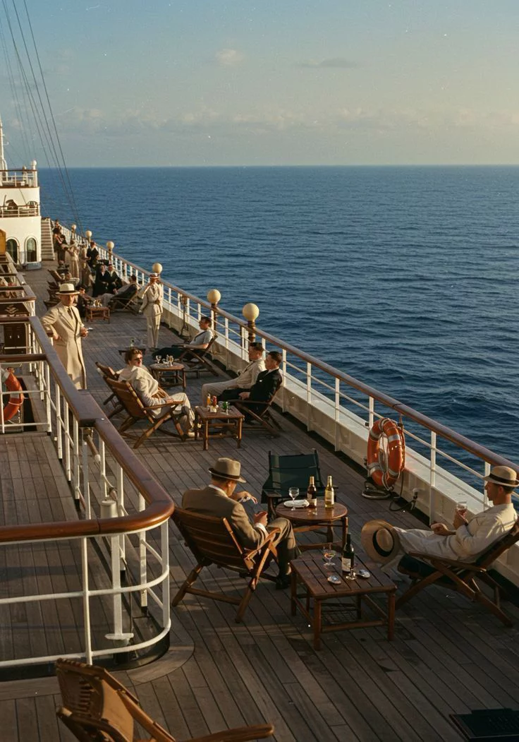 This may contain: several people sitting on chairs and tables on the deck of a cruise ship looking out at the ocean
