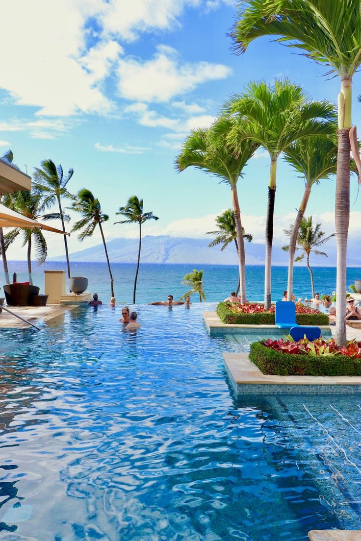 This may contain: a large swimming pool with palm trees and people relaxing in the water at the beach