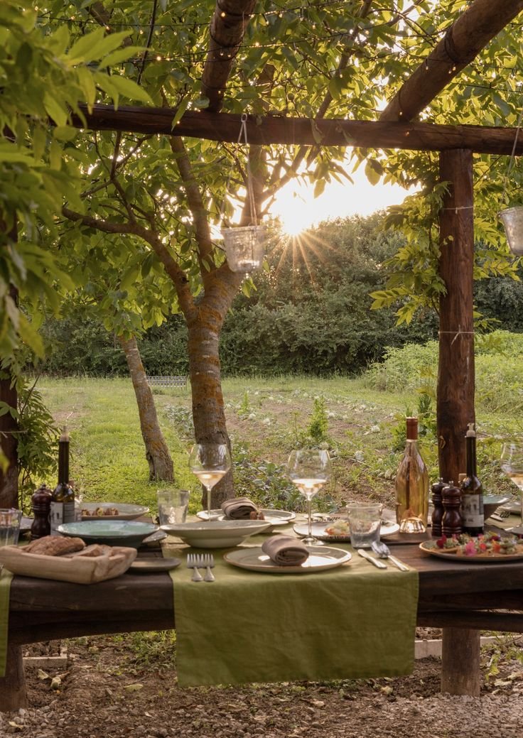 This may contain: a picnic table set up with plates, glasses and wine bottles under a pergolated arbor