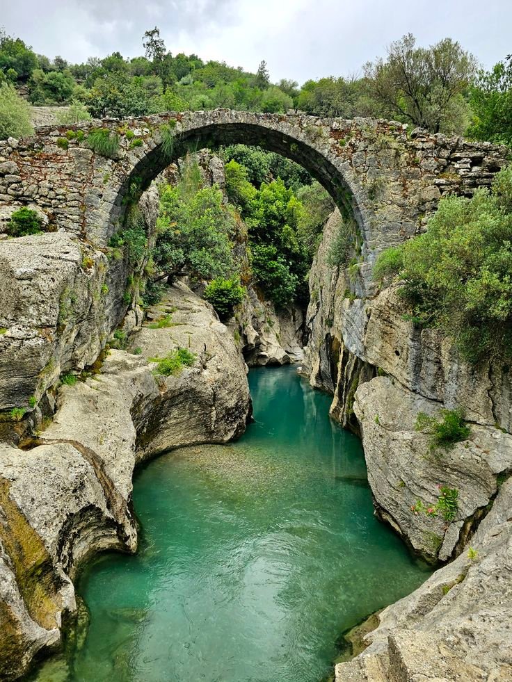 This may contain: a stone bridge over a river surrounded by rocks