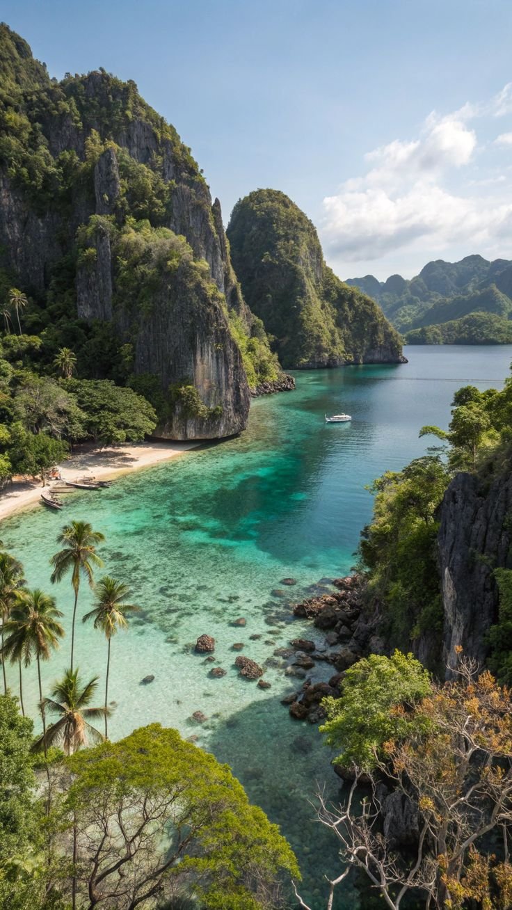 This may contain: the beach is surrounded by mountains and clear blue water, with palm trees in the foreground